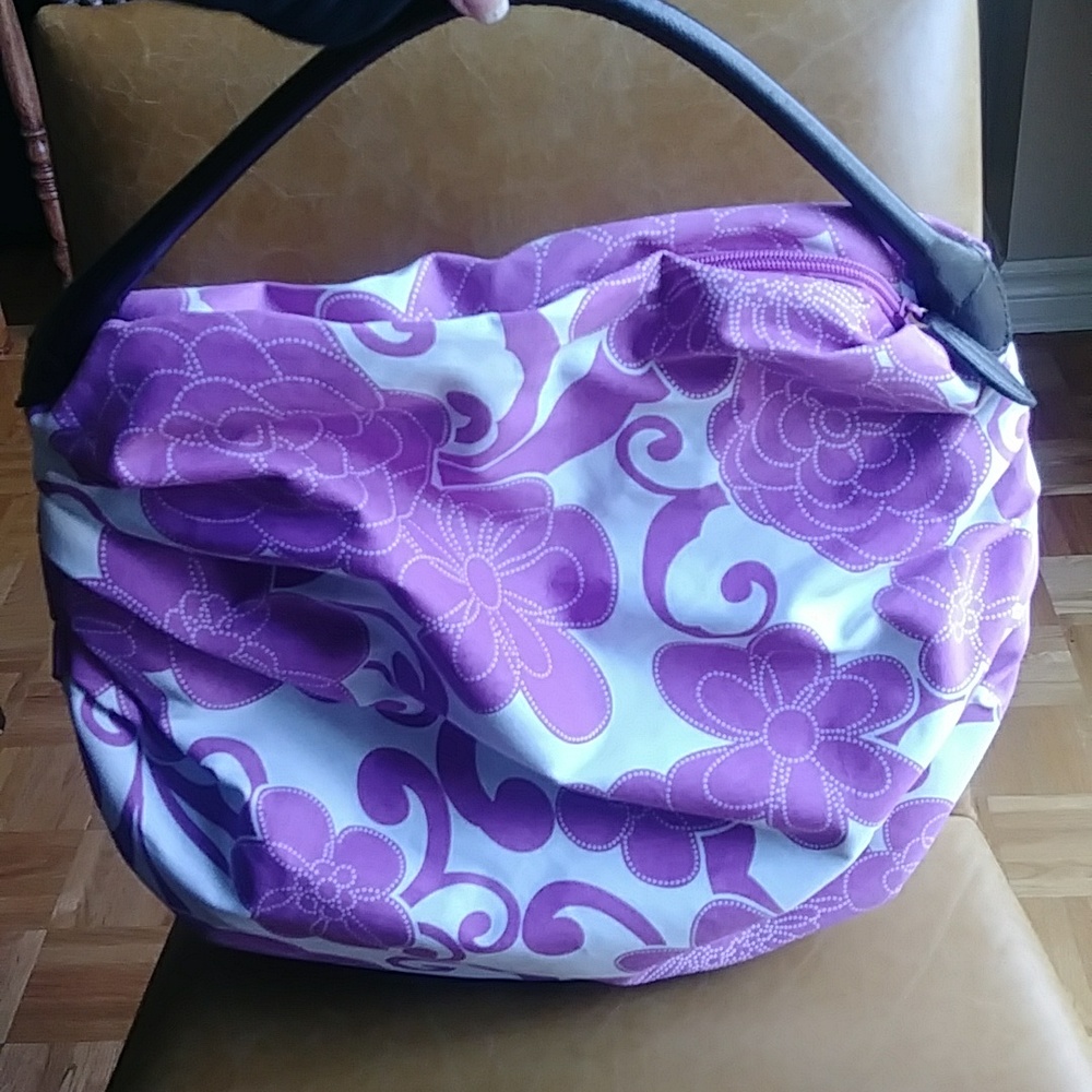 Vintage Saks Fifth Avenue canvas tote shoulder bag pink/purple floral Beach Bag